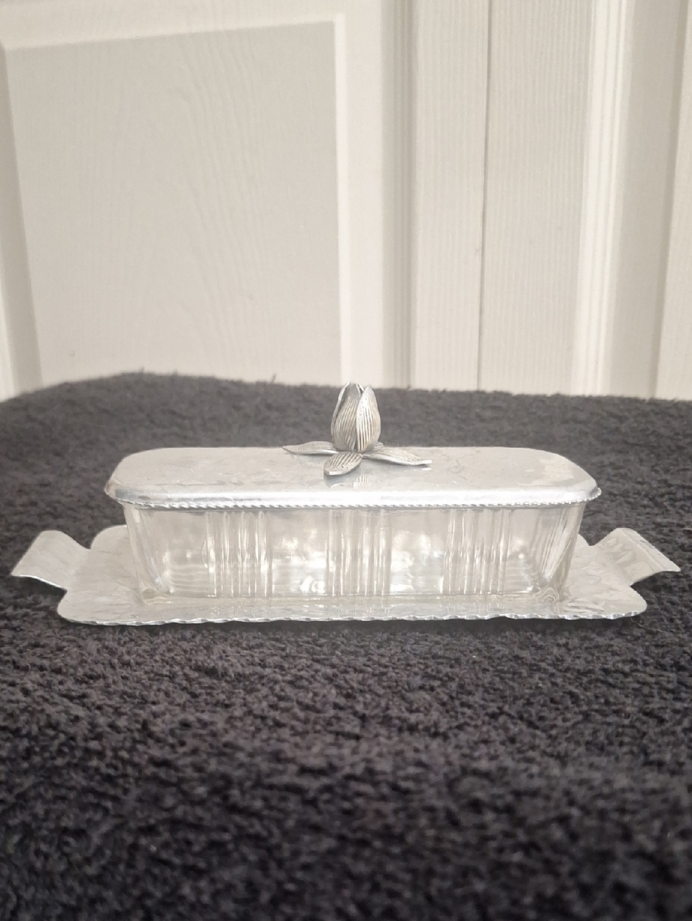 Rodney Kent Vintage Mid Century Modern Hammered Aluminum / Glass Butter Dish